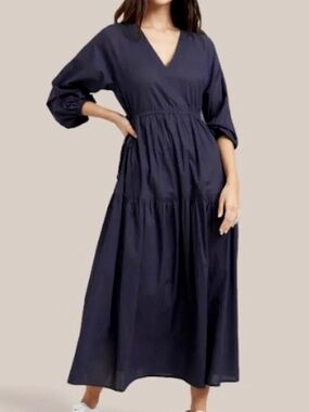 MODERN CITIZEN Lyra Organic Cotton Tiered Midi Dress in Dark Navy - XS/S